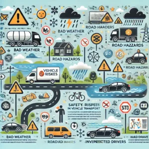 An infographic highlighting safety risks in vehicle transport, such as weather conditions and road hazards.