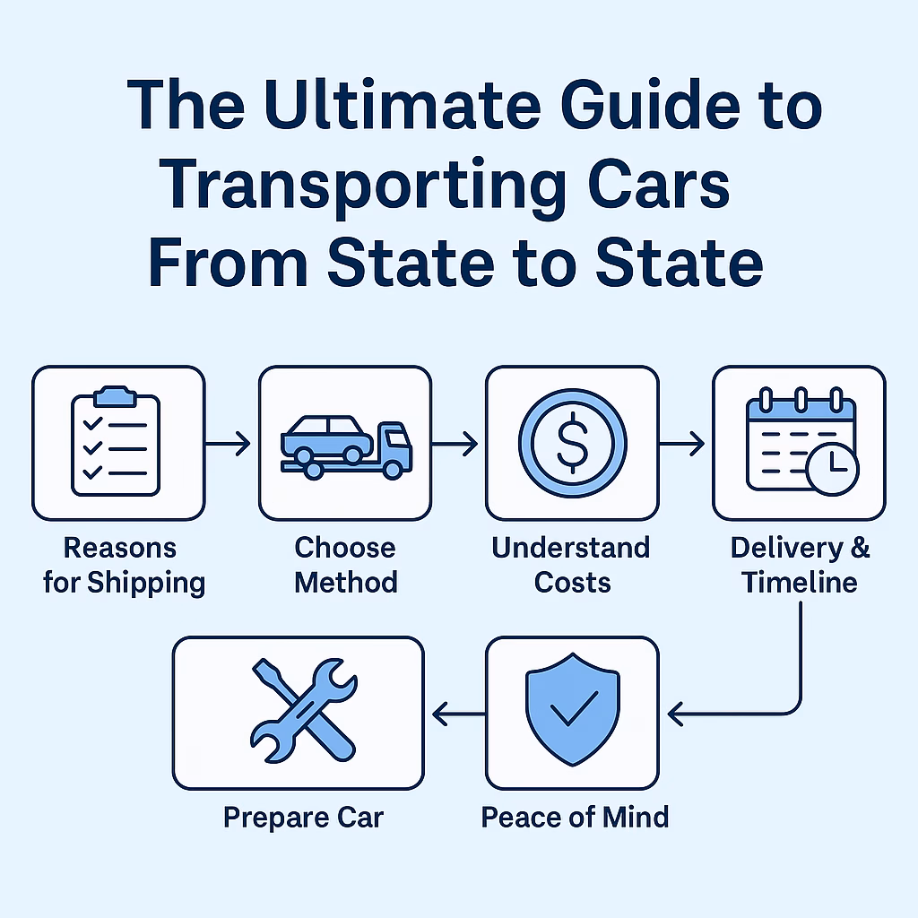Infographic showing the car shipping process: reasons for shipping, choosing a transport method, understanding costs, delivery timelines, preparing the car, and achieving peace of mind.