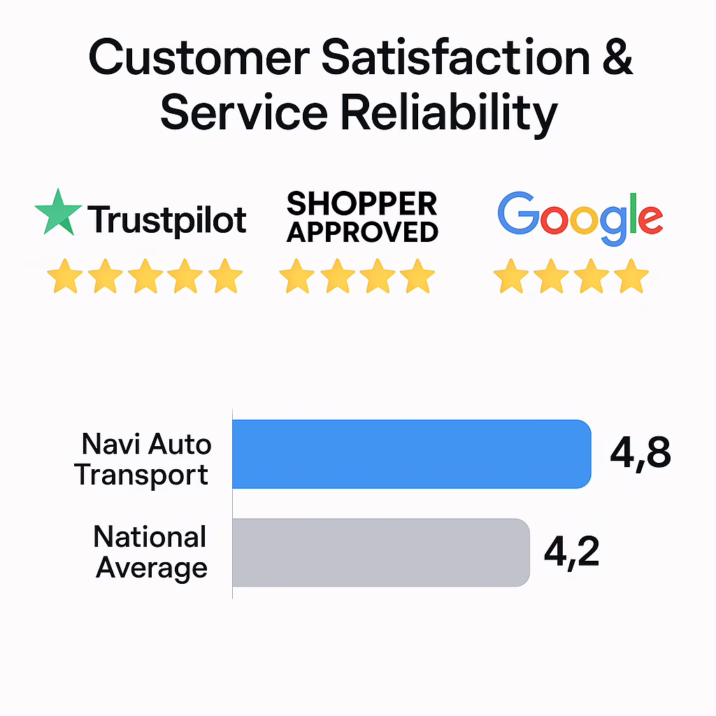 A visual showing star ratings from Trustpilot, Shopper Approved, and Google Reviews, plus a satisfaction bar graph comparing Navi’s 4.8 ★ average vs. the national 4.2 ★ average.